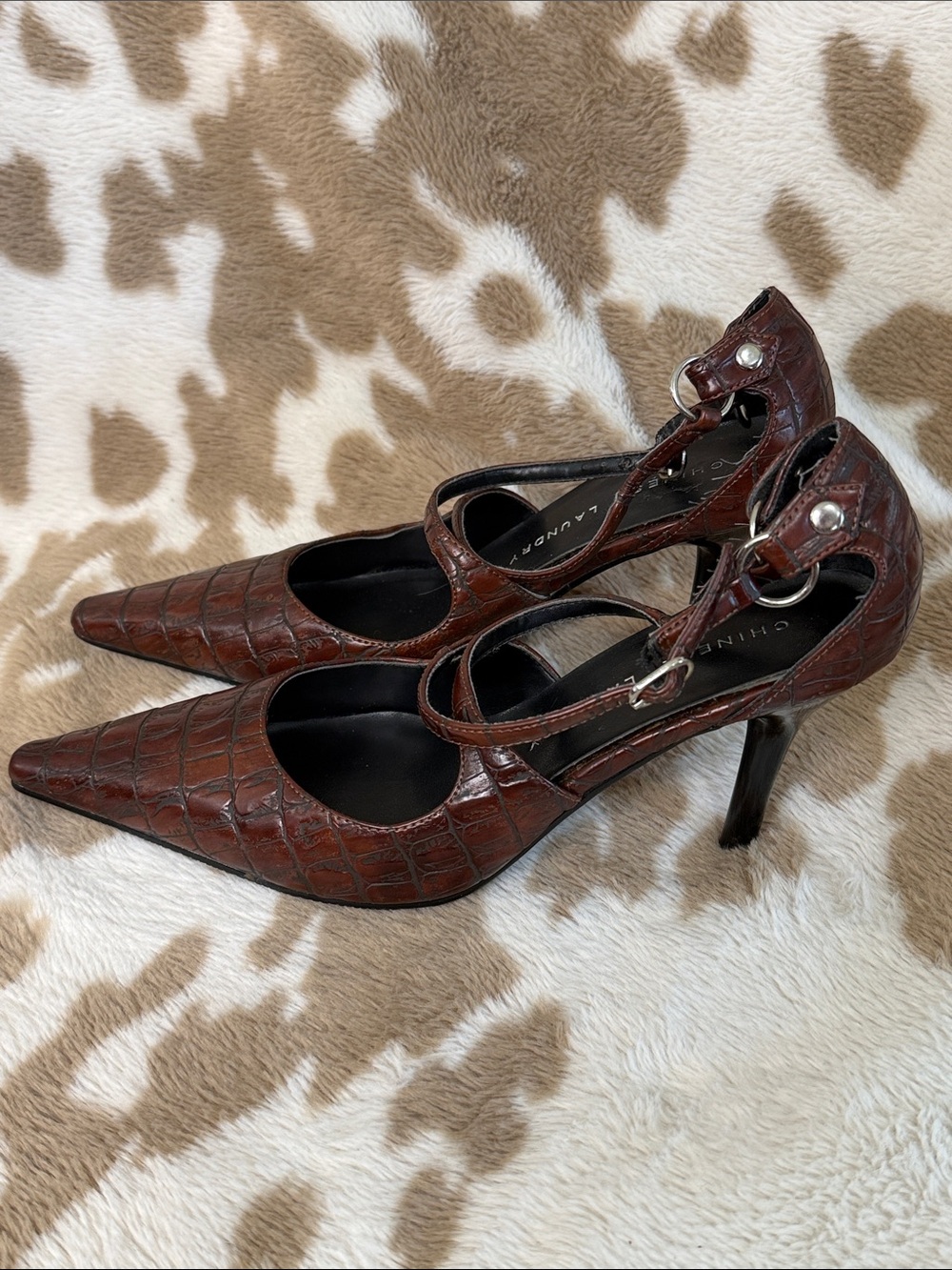 Chinese Laundry Brown Croc-Embossed Pointed Ankle-Strap Heels